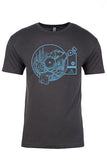 Sky Blue on Graphite Tee. Original design made to represent the sounds of the great outdoors. Inspired by the Great Northwest.  Blue, graphic Tee Shirt, Record Player, Nature Scene Big Foot, Mountains, River, Vinyl Record Player.