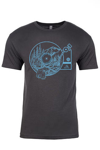 Sky Blue on Graphite Tee. Original design made to represent the sounds of the great outdoors. Inspired by the Great Northwest.  Blue, graphic Tee Shirt, Record Player, Nature Scene Big Foot, Mountains, River, Vinyl Record Player.