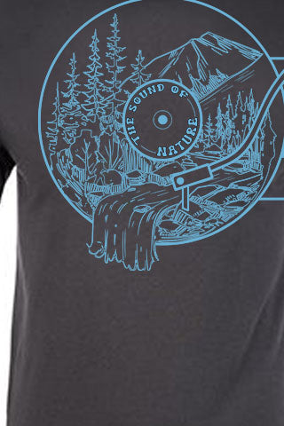 Sky Blue on Graphite Tee. Original design made to represent the sounds of the great outdoors. Inspired by the Great Northwest.  Blue, graphic Tee Shirt, Record Player, Nature Scene Big Foot, Mountains, River, Vinyl Record Player.