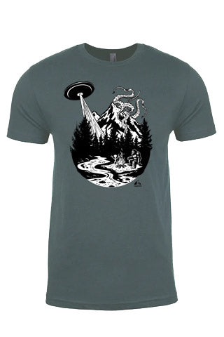 Just Another Day Graphic Tee. Black and White on Indigo Tee.  An original design of Just Another Day with Sasquatch, by a fire with his Alien friend, and a Kraken over the Mountain. SQUATCH Industries, Northwest Outdoor Cotton Tees