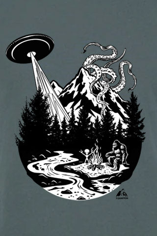 Just Another Day Graphic Tee. Black and White on Indigo Tee.  An original design of Just Another Day with Sasquatch, by a fire with his Alien friend, and a Kraken over the Mountain. SQUATCH Industries, Northwest Outdoor Cotton Tees