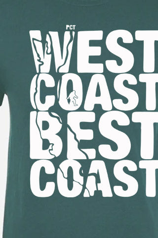 Green t-shirt with 'West Coast Best Coast' text design on a white background
Just Another Day Graphic Tee. White on Royal Pine Tee.  The original design, Left Coast Best Coast, features the Pacific Coast and the Pacific Crest Trail.   Next Level SQUATCH Industries soft cotton Northwest Tees
Text 'WEST COAST BEST COAST' in white on a green background
