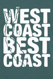 Just Another Day Graphic Tee. White on Royal Pine Tee.  The original design, Left Coast Best Coast, features the Pacific Coast and the Pacific Crest Trail.   Next Level SQUATCH Industries soft cotton Northwest Tees
Text 'WEST COAST BEST COAST' in white on a green background