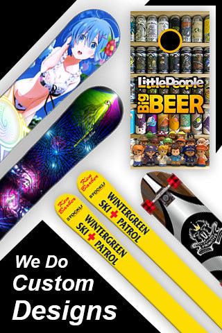 Custom Vinyl Board Wraps. All custom designs are good for all Ski, Snowboard and Skateboard sizes and even your Cornhole game.