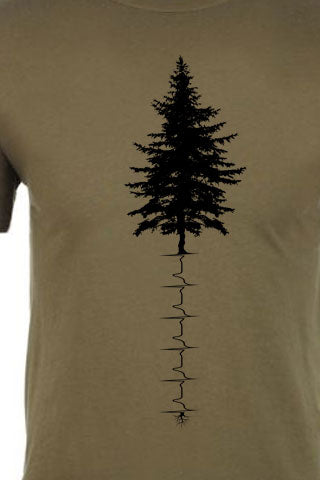 NORTHWEST HEART BEAT Graphic Tee. Original Black on Military Green Tee. Original design representing the outdoor beat of the great Northwest. Product Description •Artwork by Steve Lovitt, SQUATCH Industries Design •Screen Printed Graphic Tee •Premium Next Level Short-Sleeve Crew (Military Green) •Soft Premium 100% Combed Ring-Spun Cotton. •Available in Small - XXL