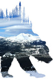 BEAR of BACHELOR. Mt Bachelor Digital photo art design.  Taken on a ski trip from the Pine Marten Lodge at Mt Bachelor, the scenery includes Broken Top, and the Sisters Range of mountains in Central Oregon. Great skiing on a beautiful day one of our great adventures.  Bear of Bachelor Photo Art Print by Steve and Dalton Lovitt of SQUATCH Industries.  Bear print available White on Maroon Graphic Tee.  Soft Gloss prints, available in sizes 5x7 and 11x14.  Shipped on white backer board in clear bag.