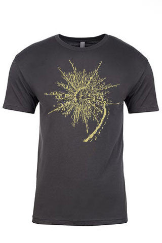 SPIRAL FERN Tee. Series One Original Light Olive on Heavy Metal Tee. Original Spiral Fern design available on Snowboard, Skateboard  and Longboard Wraps. Product Description •Artwork by Steve Lovitt, SQUATCH Industries Design  •Screen Printed Graphic Tee •Premium Next Level Short-Sleeve Crew (Heavy Metal) •100% Combed Cotton Jersey •Available in Small - XXL