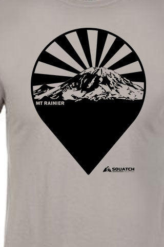 MT RAINIER Tee. Series One Original Black on Light Gray Tee. Product Description •Artwork by Dalton Lovitt, SQUATCH Industries Design  •Screen Printed Graphic Tee •Premium Next Level Short-Sleeve Crew (Light Gray) •100% Combed Cotton Jersey •Available in Small - XXL