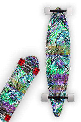INDUCED STATE.  Skateboard wrap and Longboard wrap is a multi level abstract digital painting. It represents how the mind can work.  Maybe how it's working when you're heading down the hill.