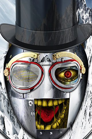 METAL MASK Ski Wrap original graphic print.  Photos and graphics make up this Steampunk inspired design