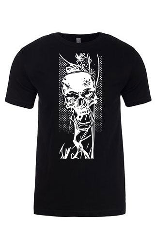 SKULL and SMOKE Tee. Series One Original White on Black Tee. Original Skull and Smoke design available on Snowboard, Skateboard  and Longboard Wraps. Product Description •Artwork by Steve Lovitt, SQUATCH Industries Design  •Screen Printed Graphic Tee •Premium Next Level Short-Sleeve Crew (Black) •100% Combed Cotton Jersey •Available in Small - XXL