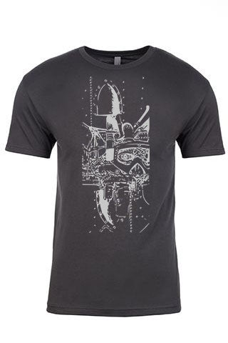 THE MACHINE. Series One Original Light Gray on Heavy Metal Tee. Original "The Machine" photo composite design available on Snowboard and Skateboard Wraps. Product Description •Artwork by Steve Lovitt, SQUATCH Industries Design  •Screen Printed Graphic Tee •Premium Next Level Short-Sleeve Crew (Heavy Metal) •100% Combed Cotton Jersey •Available in Small - XXL