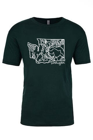 WASHINGTON Tee. Series One Original White on Forest Green Tee. Product Description •Artwork by Dalton Lovitt, SQUATCH Industries Design  •Screen Printed Graphic Tee •Premium Next Level Short-Sleeve Crew (Forest Green) •100% Combed Cotton Jersey •Available in Small - XXL