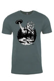 Just Another Day Graphic Tee. Black and White on Indigo Tee.&nbsp; An original design of Just Another Day with Sasquatch, by a fire with his Alien friend, and a Kraken over the Mountain. SQUATCH Industries, Northwest Outdoor Cotton Tees