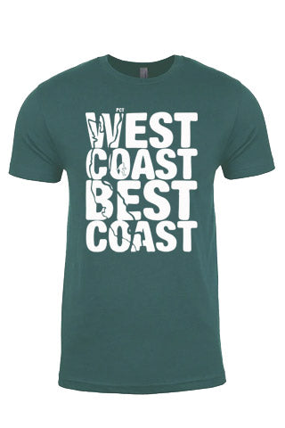 Green t-shirt with 'West Coast Best Coast' text design on a white background
Just Another Day Graphic Tee. White on Royal Pine Tee.&nbsp; The original design, Left Coast Best Coast, features the Pacific Coast and the Pacific Crest Trail.   Next Level SQUATCH Industries soft cotton Northwest Tees
Text 'WEST COAST BEST COAST' in white on a green background