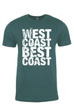 Green t-shirt with 'West Coast Best Coast' text design on a white background
Just Another Day Graphic Tee. White on Royal Pine Tee.&nbsp; The original design, Left Coast Best Coast, features the Pacific Coast and the Pacific Crest Trail.   Next Level SQUATCH Industries soft cotton Northwest Tees
Text 'WEST COAST BEST COAST' in white on a green background