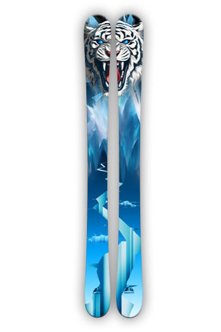 THE ICE TIGER original digital graphic print. Bright blue ice explosion with a White Tiger staring at you and ready to go!  Ski Wrap,  Vinyl Ski Wrap SQUATCH Industries