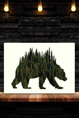 BEAR of TREES Digital photo art design. Taken near Mt Hood in Northwest Oregon. Bear of Trees Photo Art Print by Steve and Dalton Lovitt of SQUATCH Industries. Bear print available on White on Maroon Graphic Tee. Available in 11x14 print.