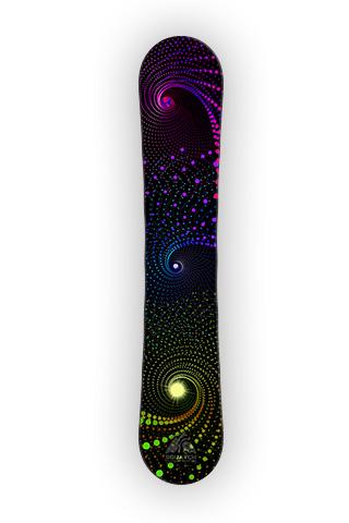 SNOWBOARD Wrap, SPIRAL SPACE.  This Snowboard wrap takes you to another place and time while focusing on the Earth, Moon and Sun on your journey. A SQUATCH Industries original. 
