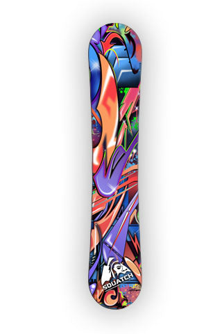 GRAFFITI WORLD.  This Snowboard wrap is a multi level abstract digital painting. Colors and shapes seen around any major city. It represents an attitude perfect for skating, perfect for boarding.