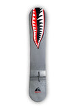WARHAWK. This classic Warhawk snowboard wrap design was inspired by the famous P-40 Warhawk fighter plane painted with the Flying Tigers shark face. The aluminum with rivets are photos taken from the Tillamook Air Museum. Designed to look aggressive so you can attack the slopes.
