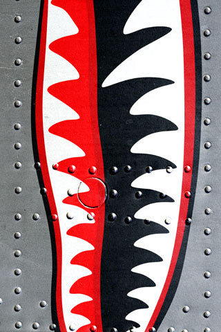 WARHAWK. This classic Warhawk snowboard wrap design was inspired by the famous P-40 Warhawk fighter plane painted with the Flying Tigers shark face. The aluminum with rivets are photos taken from the Tillamook Air Museum. Designed to look aggressive so you can attack the slopes.