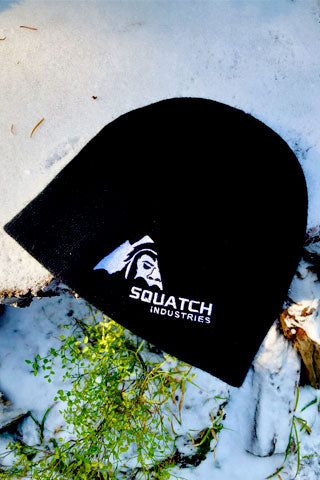 8" Beanie - 100% Acrylic Knit with SQUATCH Industries Logo in White embroidered on the front.