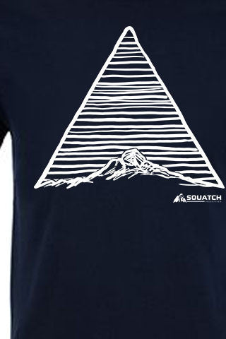 THE MOUNTAIN Tee. Series One Original White on Midnight Navy Tee. Product Description •Artwork by Dalton Lovitt, SQUATCH Industries Design  •Screen Printed Graphic Tee •Premium Next Level Short-Sleeve Crew (Midnight Navy) •100% Combed Cotton Jersey •Available in Small - XXL