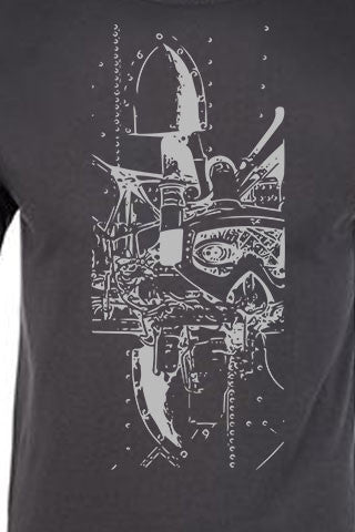 THE MACHINE. Series One Original Light Gray on Heavy Metal Tee. Original "The Machine" photo composite design available on Snowboard and Skateboard Wraps. Product Description •Artwork by Steve Lovitt, SQUATCH Industries Design  •Screen Printed Graphic Tee •Premium Next Level Short-Sleeve Crew (Heavy Metal) •100% Combed Cotton Jersey •Available in Small - XXL